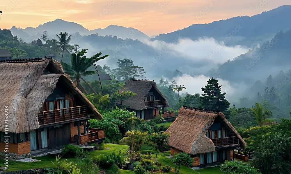 Mountain sunrise view, thatched bungalows, misty valley, tranquil resort Mountain sunrise view, thatched bungalows, misty valley, tranquil resort