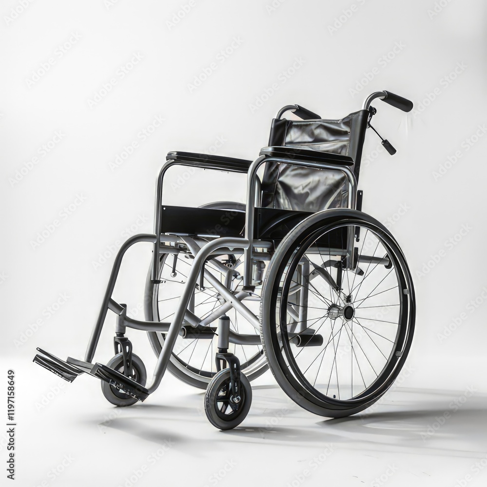 Fototapeta premium A black and silver wheelchair positioned on a white background, designed for mobility assistance.