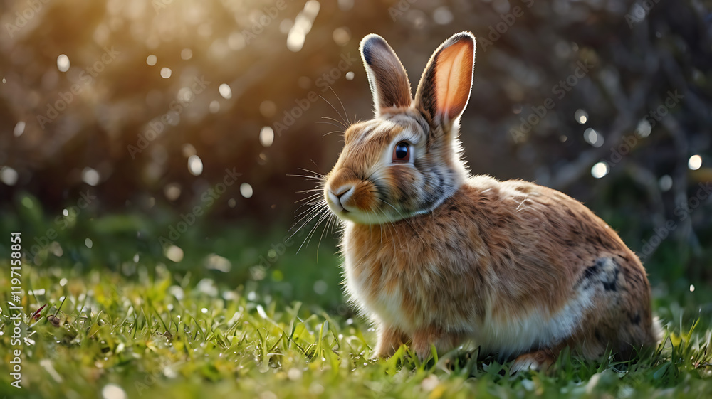 Fototapeta premium Happy Easter bunny sparkling in spring nature. colorful rabbit. Sparkle glitter texture. Happy easter rabbit in nature. 4k video. Copy space 