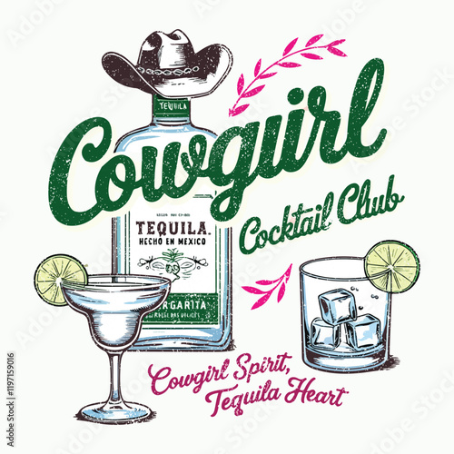 western cowgirls cocktail club vector design, cowgirl vintage typography, cocktail glass with ribbon vector art, retro country club artwork for t shirt, poster, graphic print