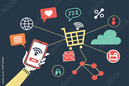 Digital marketing icons, smartphone in hand, social media symbols, colorful speech bubbles, e-commerce icons, cloud computing, communication concept, flat design, dark background, vibrant colors,  int