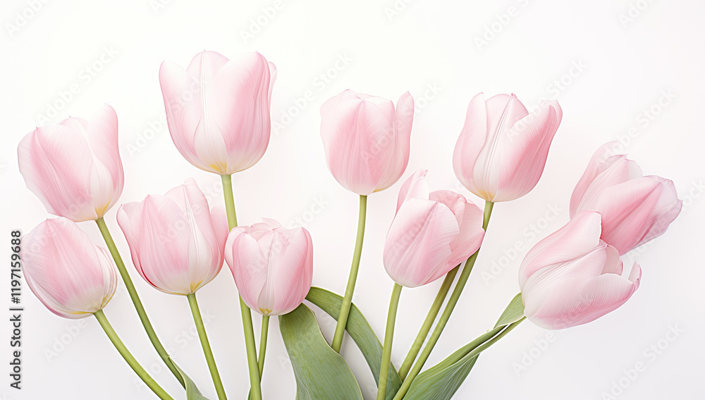 Delicate Pink Tulips on White Background: A Spring Floral Arrangement Delicate Pink Tulips on White Background: A Spring Floral Arrangement