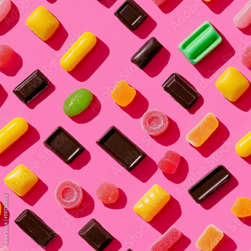 Candy texture pattern with gummy candies and chocolate bars on a pink background photo