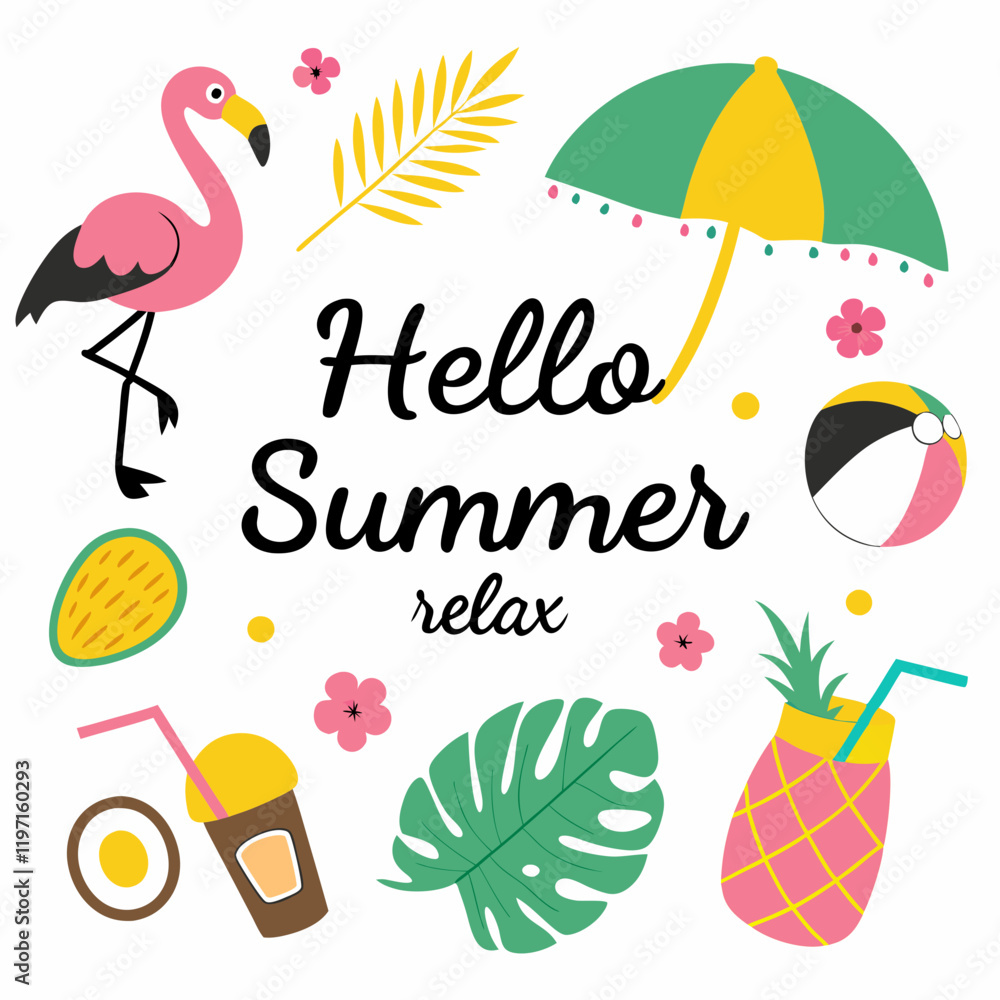 Naklejka premium A colorful collection of summer-themed illustrations, including a flamingo, toucan, tropical fruits, drinks, and beach items, surrounds the phrase