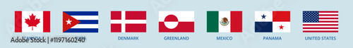 Set of vector flags of the USA, Greenland, Denmark, Mexico, Panama, Cuba and Canada.