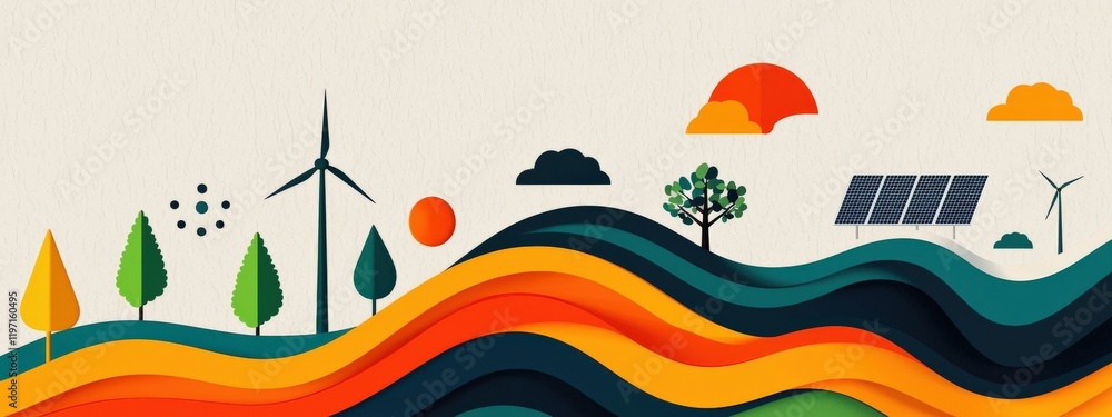 Naklejka premium Colorful Abstract Landscape with Wind Turbines, Solar Panels, and Nature Elements in a Vibrant Design