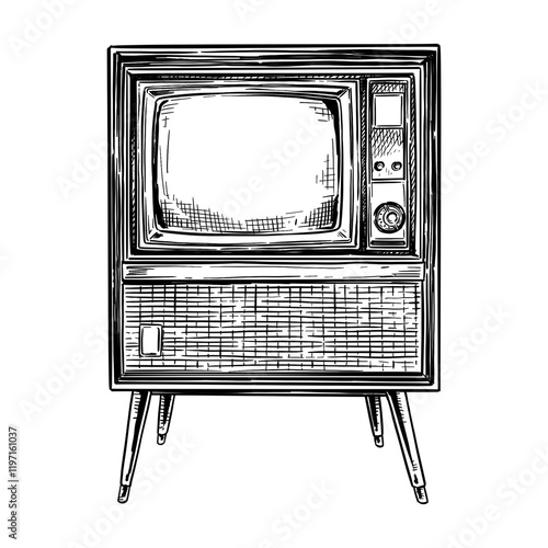 vintage retro old television line art hand drawn illustration photo