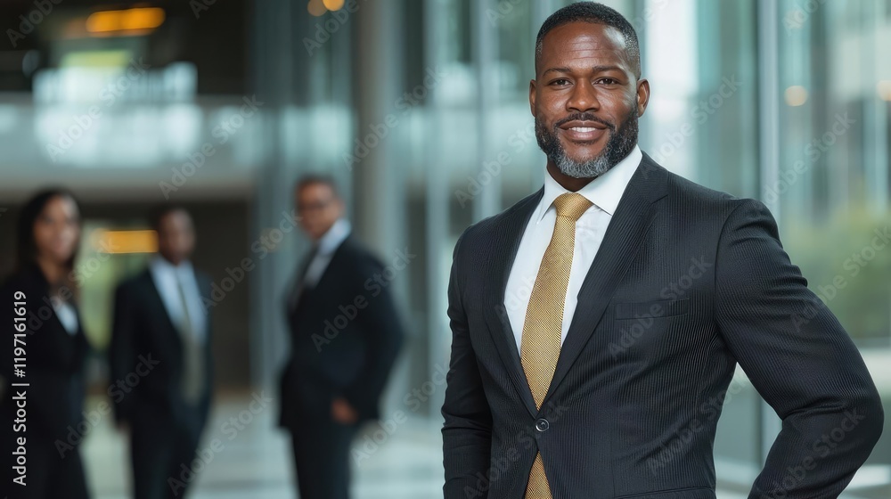 Confident businessman smiles, colleagues in background, modern office Confident businessman smiles, colleagues in background, modern office