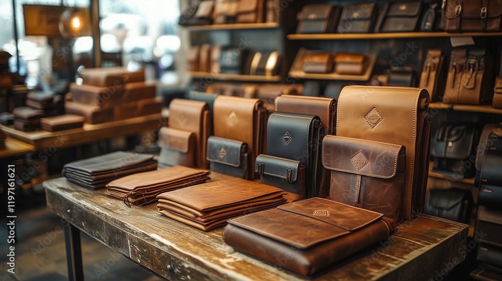 Fototapeta premium A brand photo of custom-made leather goods arranged in a showcase