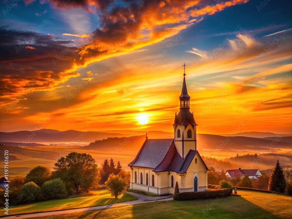 Fototapeta premium Golden Hour Church Silhouette: Serene Sunset Landscape Photography