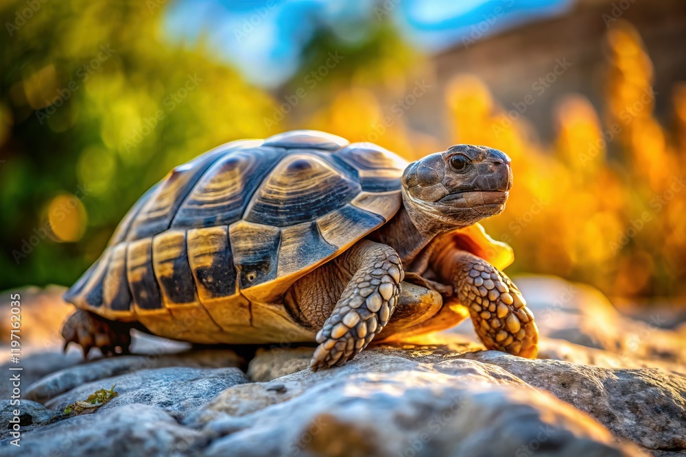 Greek Tortoise Basking on Ancient Stone - High Resolution Stock Photo