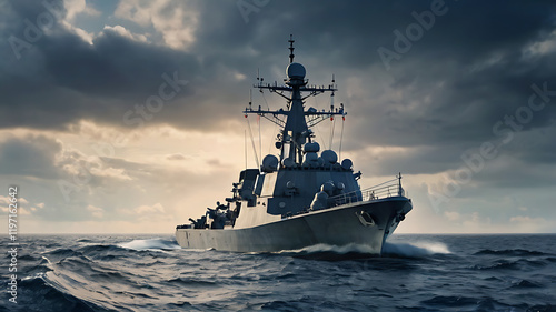 Modern navy destroyer is on patrol. Military defense and security concept. Navy ship sailing on rough seas, 4k HD wallpaper, background, generated by AI 