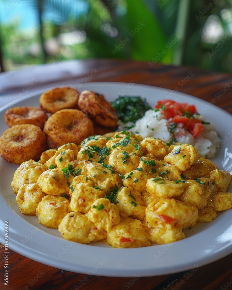 Delicious and vibrant Caribbean-style breakfast plate featuring savory scrambled eggs, crispy fried dough, fluffy rice, and fresh herbs. Perfect for travel, food, and lifestyle blogs. Delicious and vibrant Caribbean-style breakfast plate featuring savory scrambled eggs, crispy fried dough, fluffy rice, and fresh herbs. Perfect for travel, food, and lifestyle blogs.