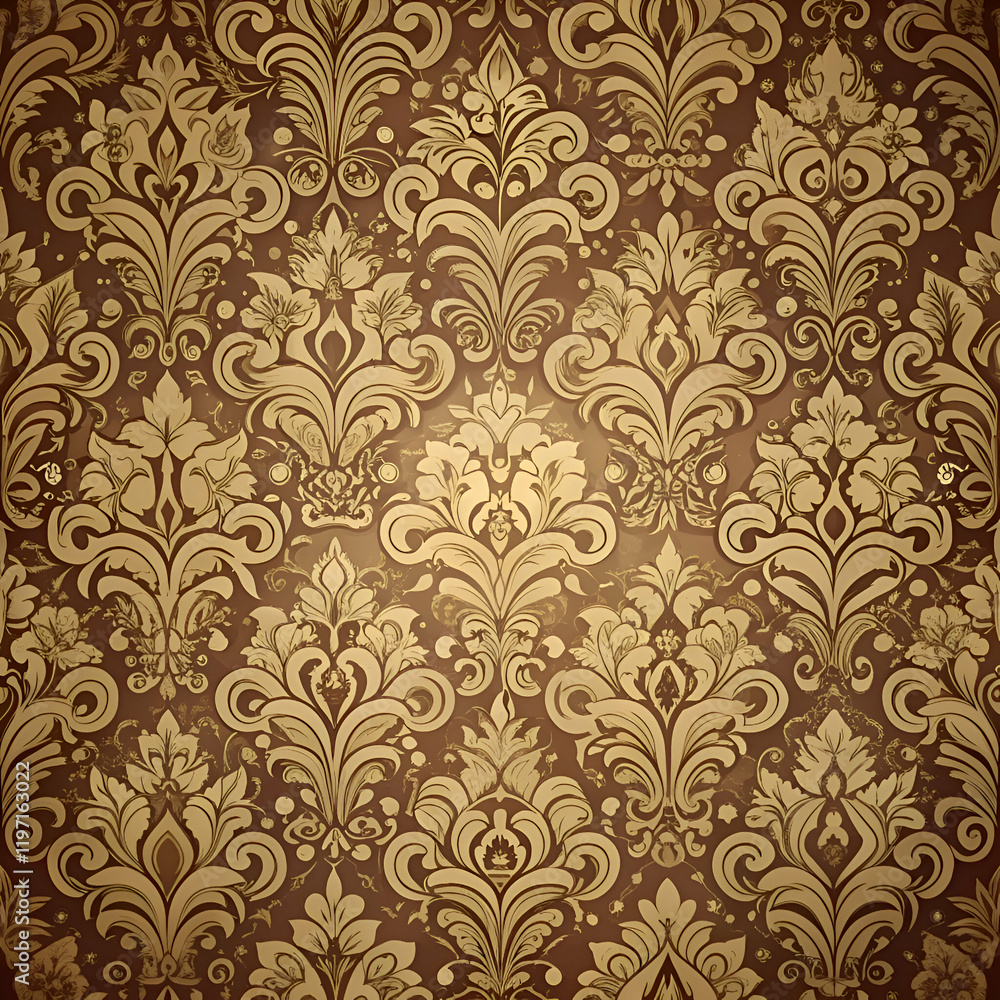 A Seamless Gold Damask Pattern on a Brown Background. A Seamless Gold Damask Pattern on a Brown Background.
