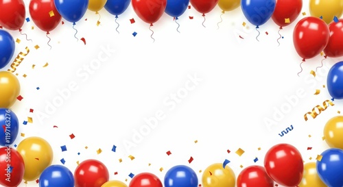 Colorful red, yellow, and blue balloons with confetti on white background
