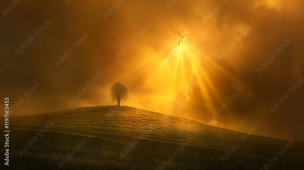 Fototapeta premium A surreal image of a single windmill on a grassy hill in the Netherlands, with spinning blades creating a soft motion blur against a glowing golden sky
