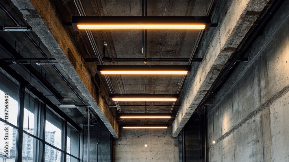 Ceiling view in an industrial building, showcasing modern LED lighting against the backdrop of exposed concrete textures for a contemporary look.