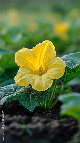 Close-up yellow squash blossom, field
