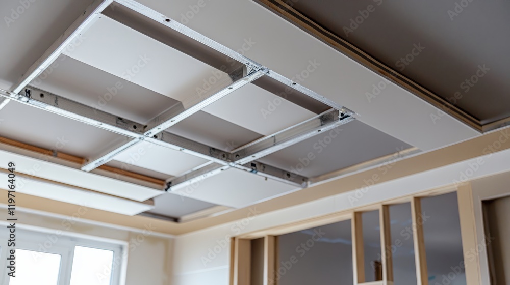 Close-up of drywall and suspended ceiling construction in a house, highlighting the use of modern materials for a contemporary design. Close-up of drywall and suspended ceiling construction in a house, highlighting the use of modern materials for a contemporary design.