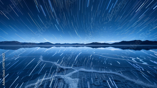 A surreal image of the Uyuni Salt Flats in Bolivia during the rainy season, with star trails reflected perfectly on the water’s surface under a clear night sky photo