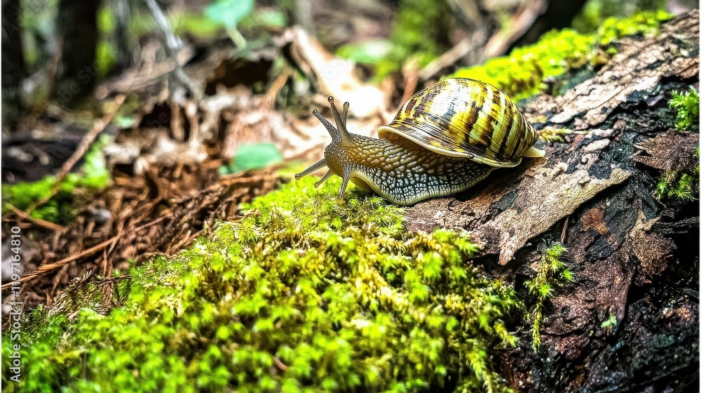 Micro shot close-up habitat exam droplet. A snail crawls over a moss-covered log in a lush forest setting, showcasing nature Micro shot close-up habitat exam droplet. A snail crawls over a moss-covered log in a lush forest setting, showcasing nature