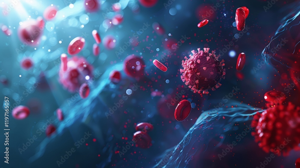 close up of a red and blue virus with red blood cells surrounding it. The red blood cells are scattered throughout the image, with some closer to the virus and others further away. close up of a red and blue virus with red blood cells surrounding it. The red blood cells are scattered throughout the image, with some closer to the virus and others further away.