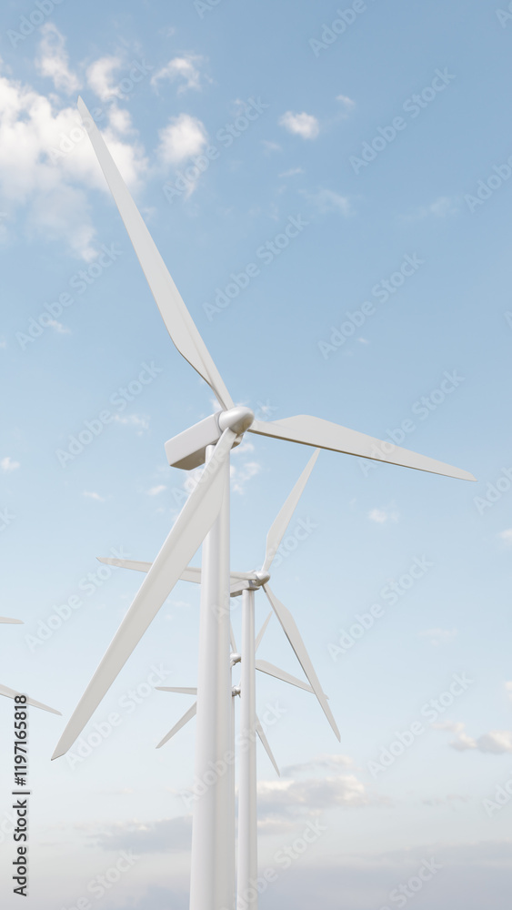 Wind turbines generating clean energy under blue sky. 3d render Wind turbines generating clean energy under blue sky. 3d render