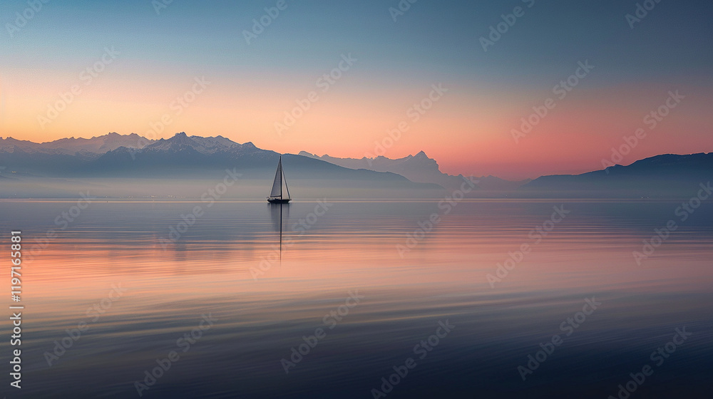 A tranquil view of a lone sailboat drifting on the calm waters of Lake Geneva at sunrise, with smooth reflections of the Alps in the background A tranquil view of a lone sailboat drifting on the calm waters of Lake Geneva at sunrise, with smooth reflections of the Alps in the background
