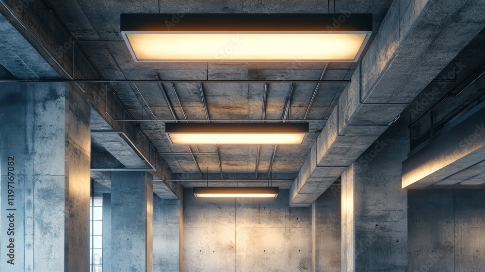Industrial building ceiling with modern LED lights, showcasing the blend of high-tech lighting and raw concrete textures for a stylish contrast. Industrial building ceiling with modern LED lights, showcasing the blend of high-tech lighting and raw concrete textures for a stylish contrast.