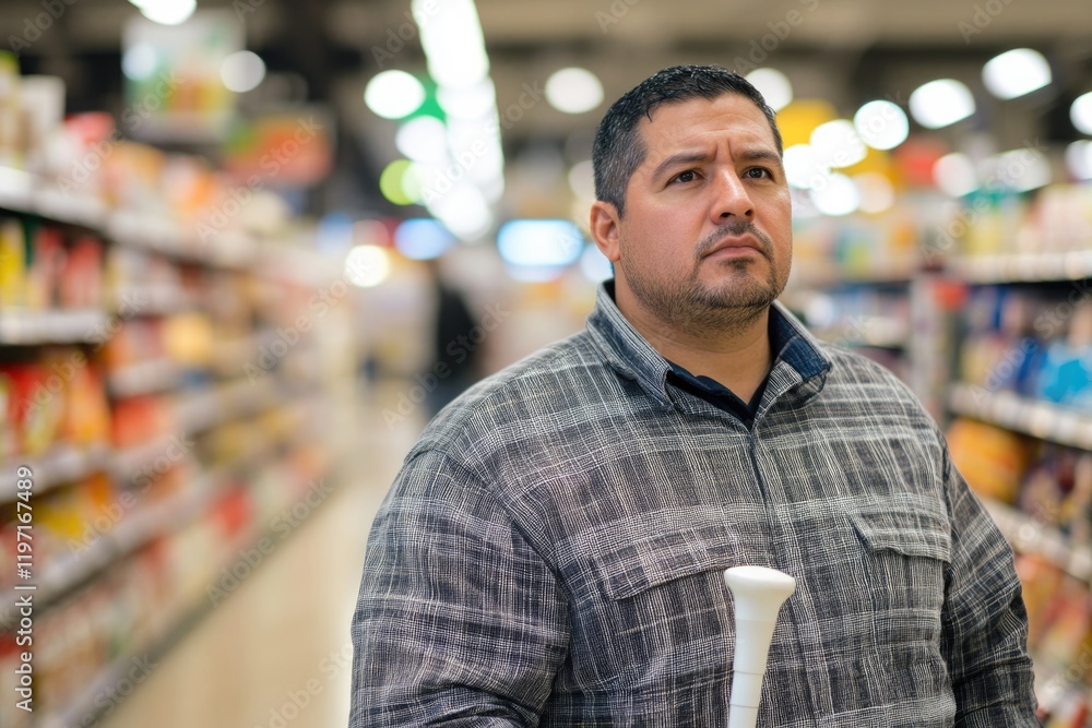 Man shopping in grocery store, holding white item, focused expre Man shopping in grocery store, holding white item, focused expre