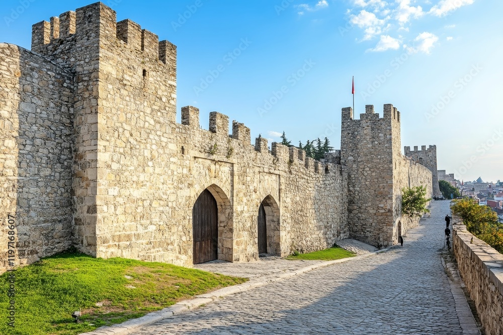 Obraz premium Stone wall with turrets, arches, and bricked road.