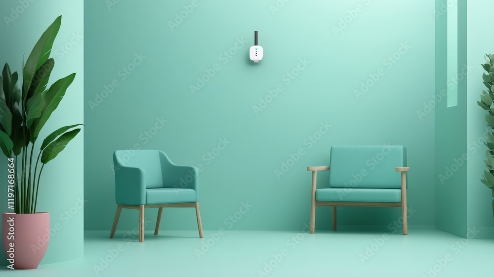 Modern Minimalist Living Room with Turquoise Walls, Stylish Chairs, and Decorative Greenery in Contemporary Design Modern Minimalist Living Room with Turquoise Walls, Stylish Chairs, and Decorative Greenery in Contemporary Design