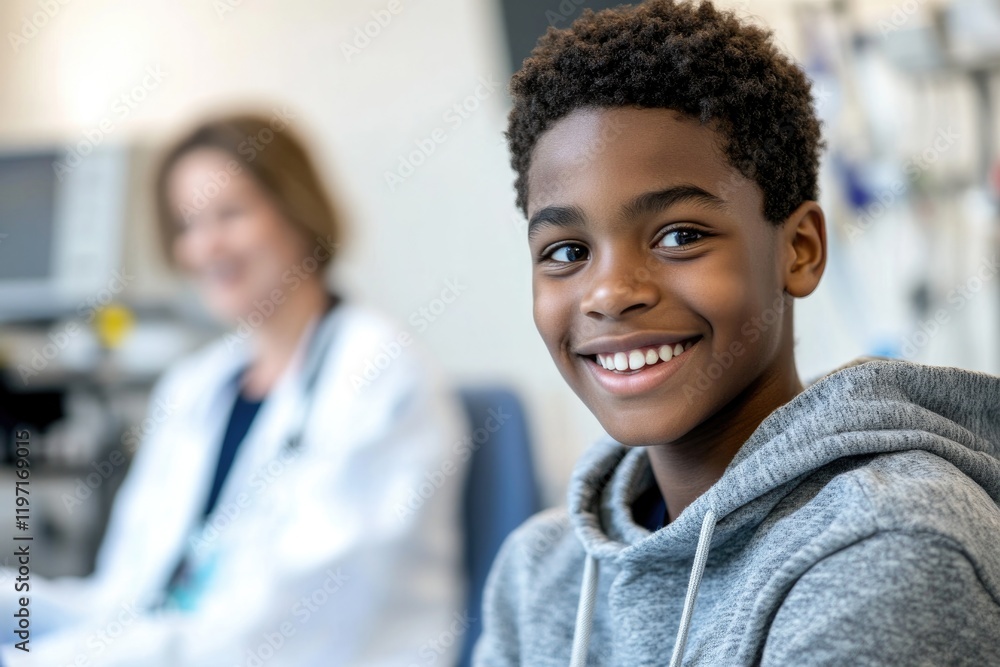 Smiling boy in medical setting exudes positivity and comfort, br Smiling boy in medical setting exudes positivity and comfort, br