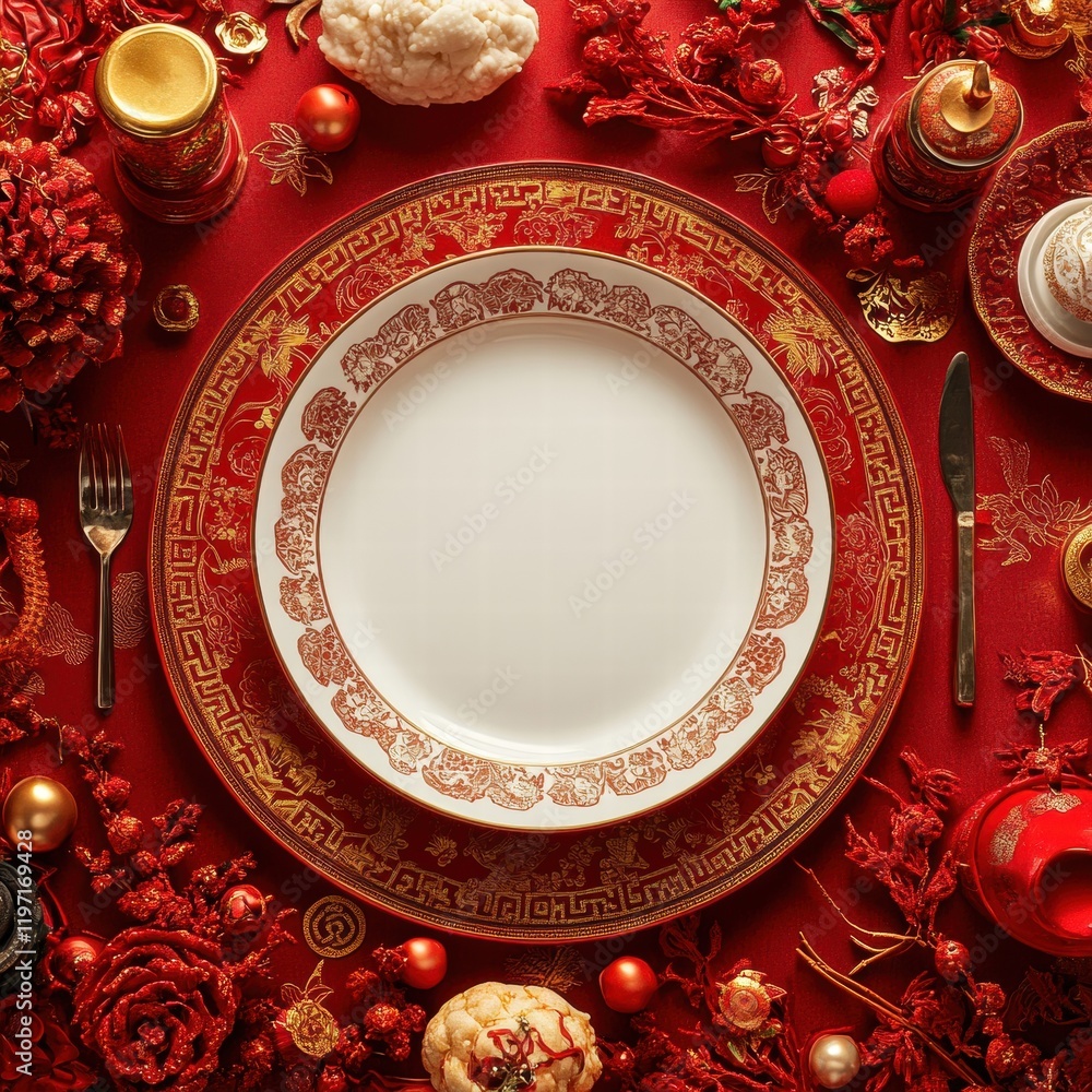 Setting the Table for Chinese New Year A Vibrant Celebration Background with an Empty Plate Setting the Table for Chinese New Year A Vibrant Celebration Background with an Empty Plate
