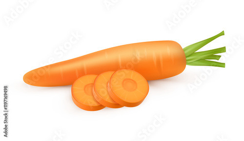 Carrot whole ingredient, isolated realistic slices for cooking dish. Vector organic natural product for dieting and nourishment. Cuisine products for healthy lifestyle, crunchy and sweet taste