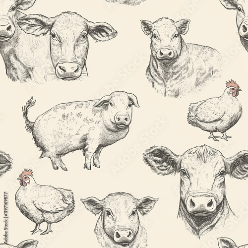 Farm animal texture pattern with illustrations of cows, pigs, and chickens. photo