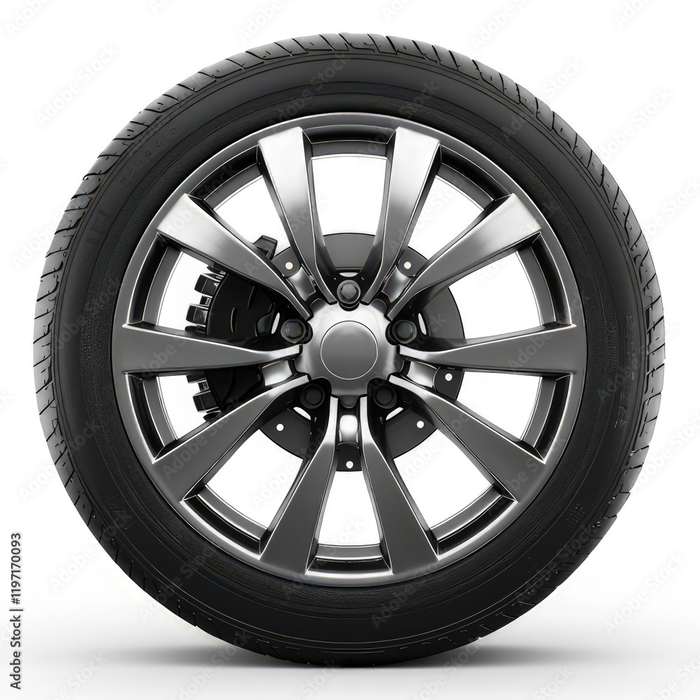 A modern alloy wheel with a tire, designed for vehicles. isolated on white background A modern alloy wheel with a tire, designed for vehicles. isolated on white background