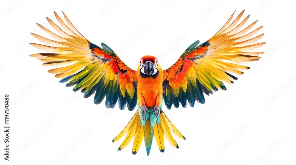 Obraz premium Colorful sun conure parrot, wings slightly spread, isolated against a white background.