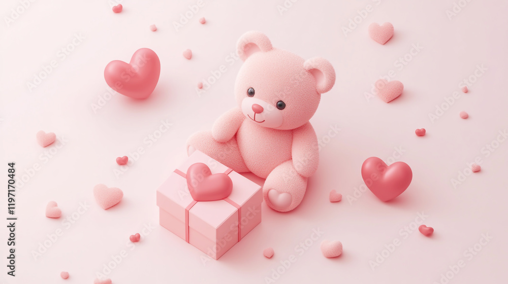 Cute pink teddy bear isometric view with heart gift box for valentine's day surprise. Cute pink teddy bear isometric view with heart gift box for valentine's day surprise.
