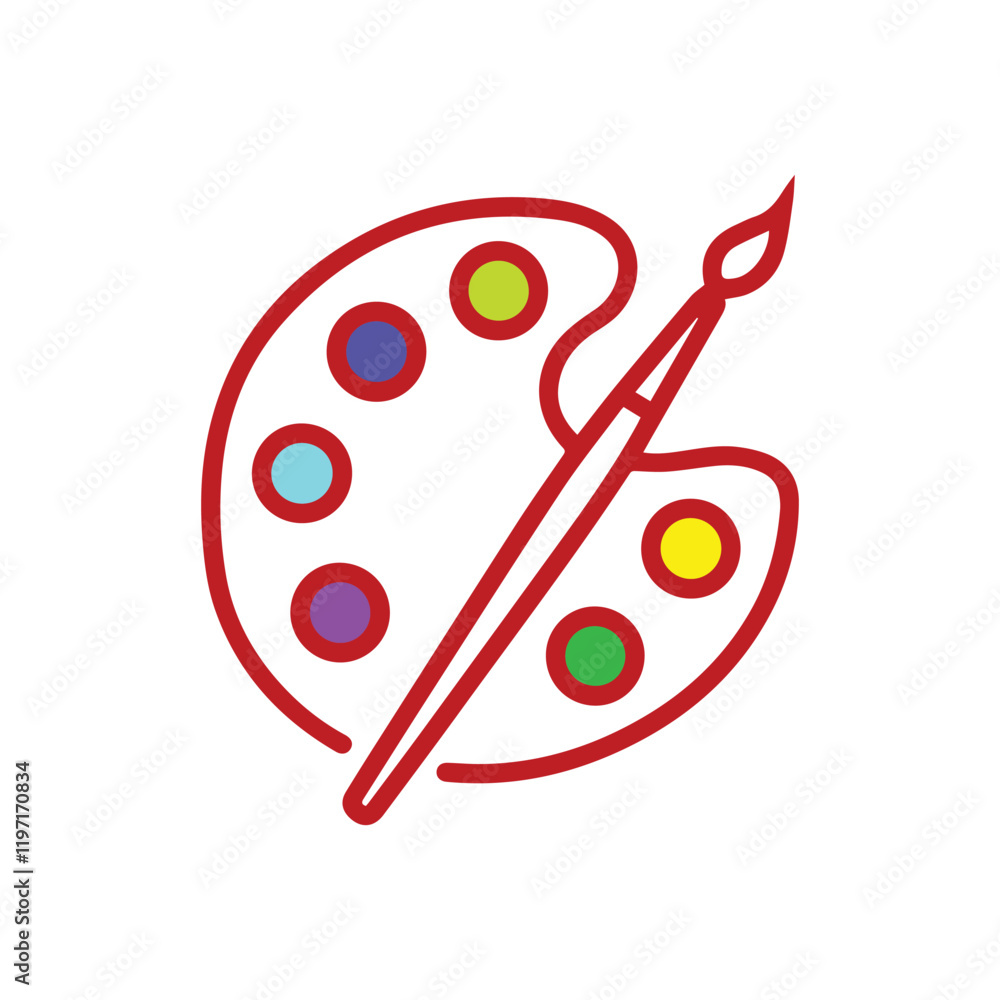 Icon of a paint palette and brush, representing art and creativity, simple design in black and white Icon of a paint palette and brush, representing art and creativity, simple design in black and white