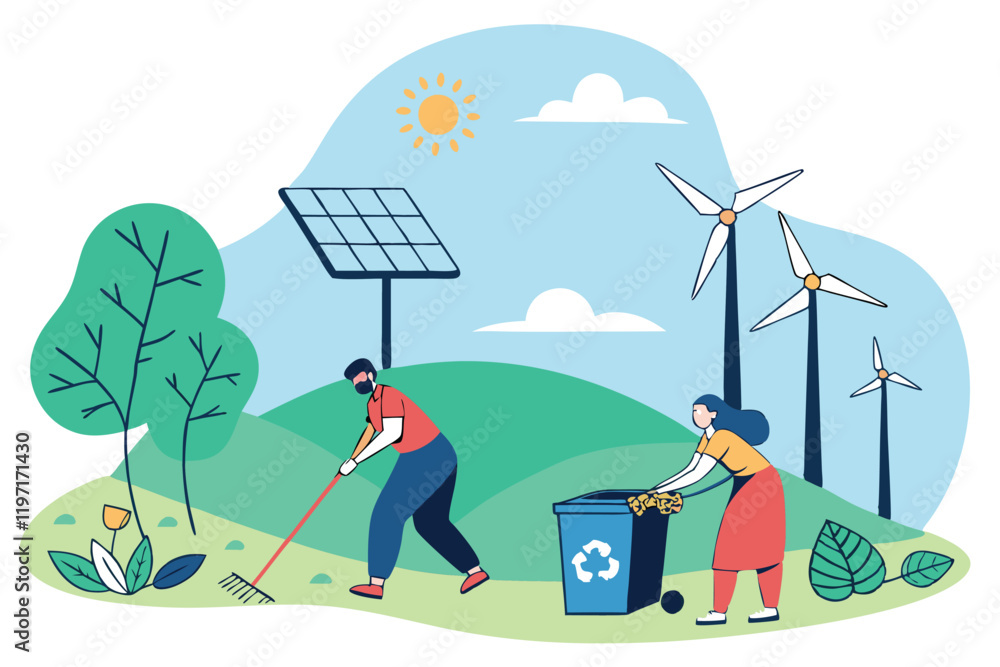 Fototapeta premium Eco-friendly landscape, sustainable energy icons, cartoon people, solar panels, wind turbines, recycling bins, gardening, clean energy symbols, flat illustration style, vibrant colors, blue sky, green