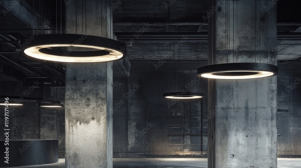 LED lighting suspended in an industrial space, ceiling featuring raw concrete textures, blending modern functionality with industrial aesthetics. LED lighting suspended in an industrial space, ceiling featuring raw concrete textures, blending modern functionality with industrial aesthetics.