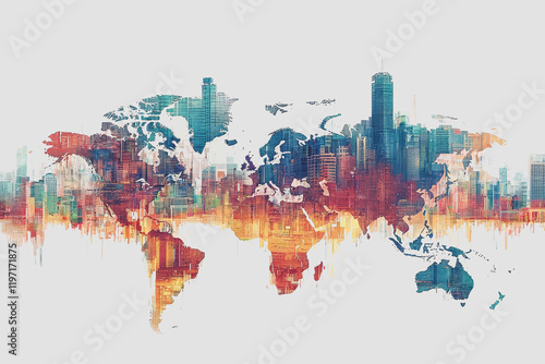 Wallpaper Mural Colorful world map with buildings in background vibrant global landscape urban architecture geographic illustration artistic cartography multicolored design elements in cityscape Torontodigital.ca