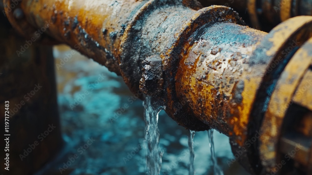 Rusty Industrial Pipe with Water Leakage Highlighting Infrastructure Corrosion Challenges Rusty Industrial Pipe with Water Leakage Highlighting Infrastructure Corrosion Challenges