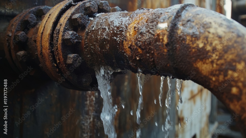 Decaying Rusty Pipe with Water Leakage Highlights Environmental Challenges in Aging Infrastructure and Corrosion Impact Decaying Rusty Pipe with Water Leakage Highlights Environmental Challenges in Aging Infrastructure and Corrosion Impact