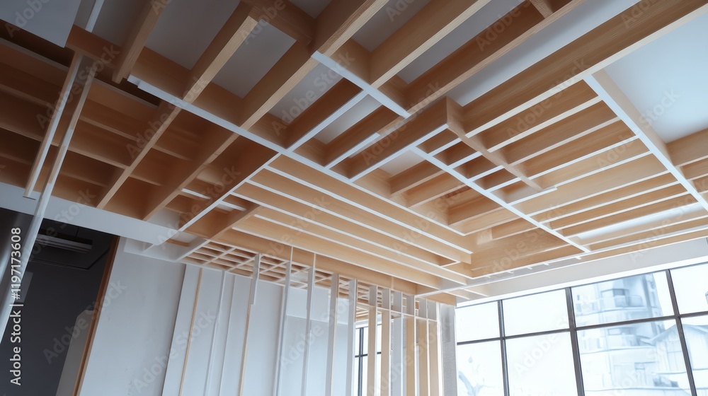 Modern construction materials used for suspended ceiling and drywall in a house, highlighting contemporary interior design trends Modern construction materials used for suspended ceiling and drywall in a house, highlighting contemporary interior design trends