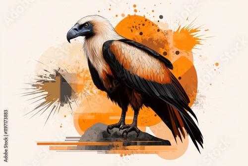 A flat 2D illustration of a vulture standing on a rock, drawn with bold lines and muted earth tones against a white background photo