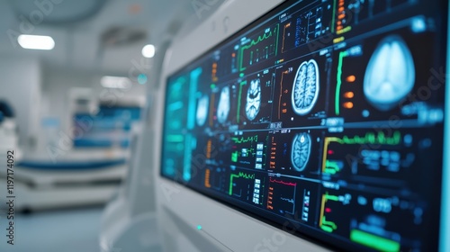 Wallpaper Mural Advanced Medical Monitor Displaying Brain Scan and Vital Signs in Modern Healthcare Facility Setting Torontodigital.ca