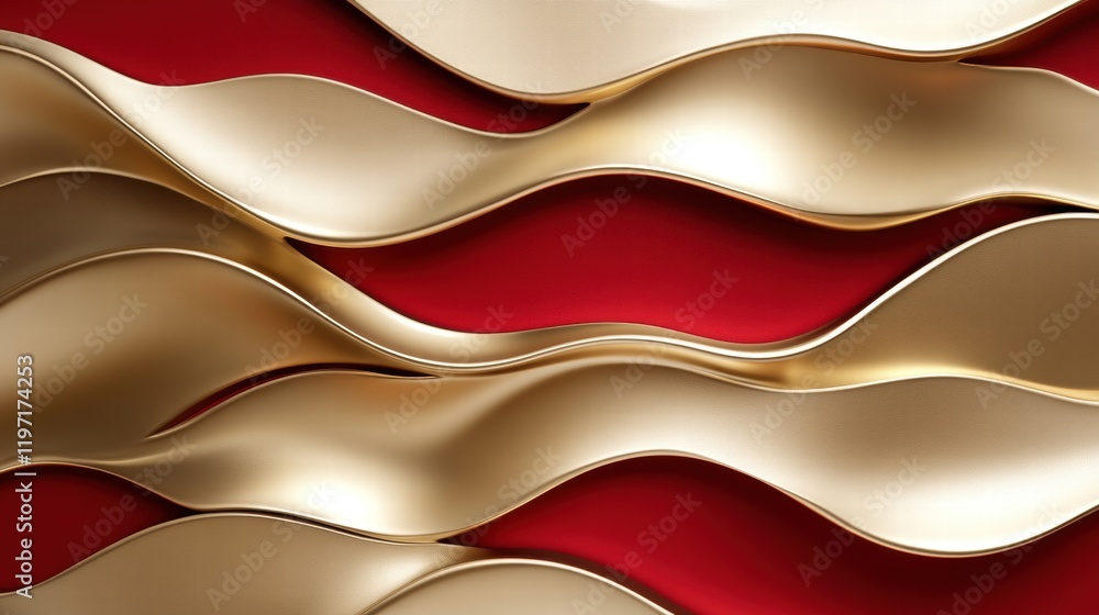 Abstract Wave Motifs in Metallic Gold Over Red Chinese Background Artistic Design Modern Aesthetics Elegant Concept Abstract Wave Motifs in Metallic Gold Over Red Chinese Background Artistic Design Modern Aesthetics Elegant Concept