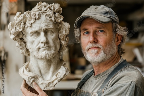 Sculptor showing bust statue in workshop photo